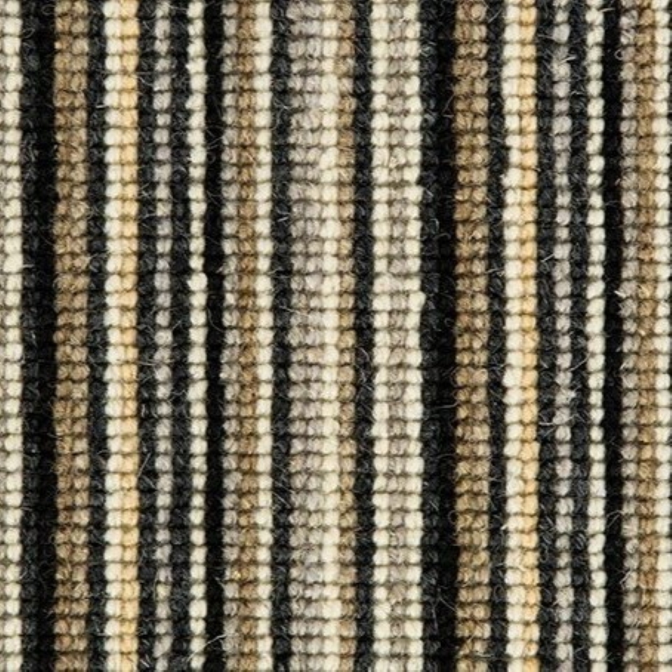 100% wool loop pile carpets in multi stripe design, in colour Charcoal Gleam