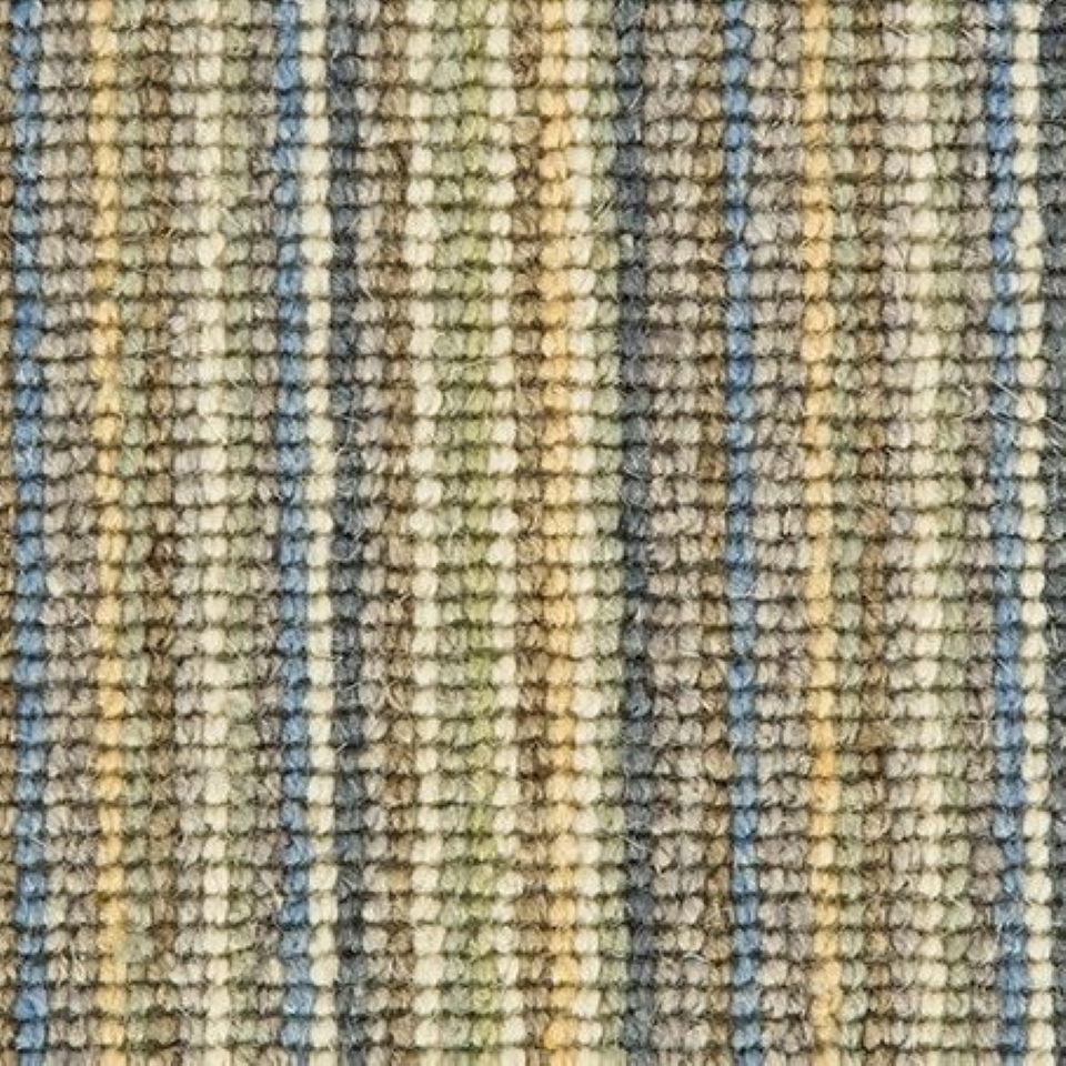 100% wool loop pile carpets in multi stripe design, in colour Sapphire Gleam