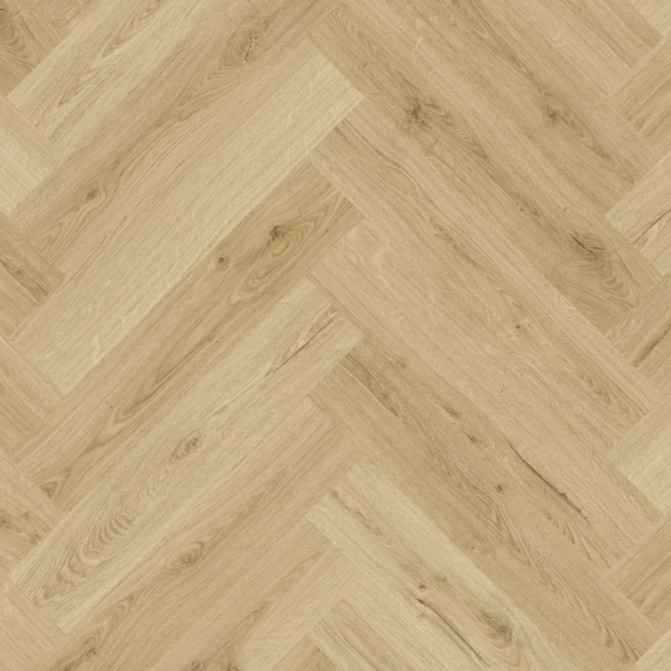 Luxury vinyl tiles, wood effect herringbone design, in colour Natural Sand