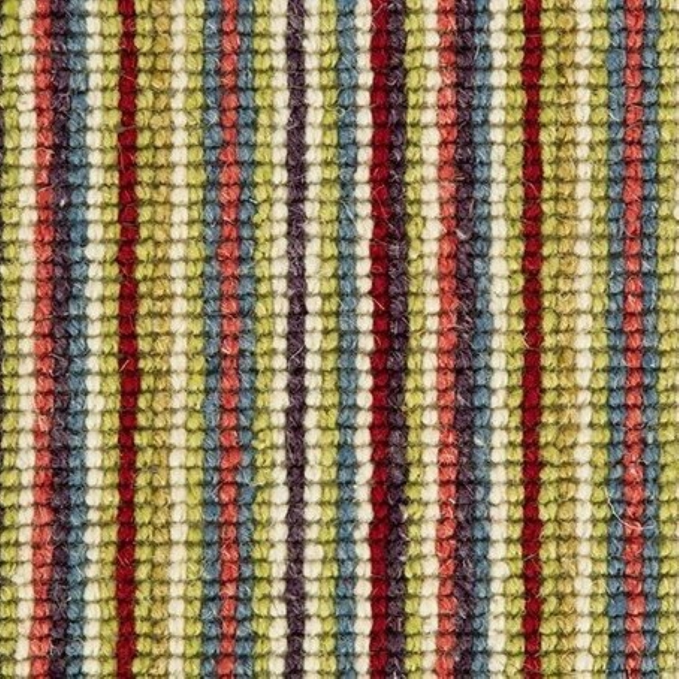 100% wool loop pile carpets in multi stripe design, in colour Zesty Scarlet